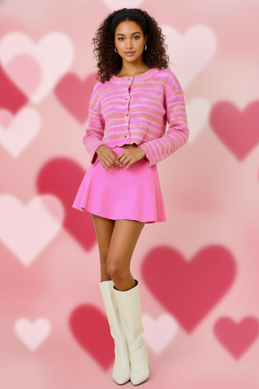 Multi Color Knit Crop Cardigan W/ Scallop Hem