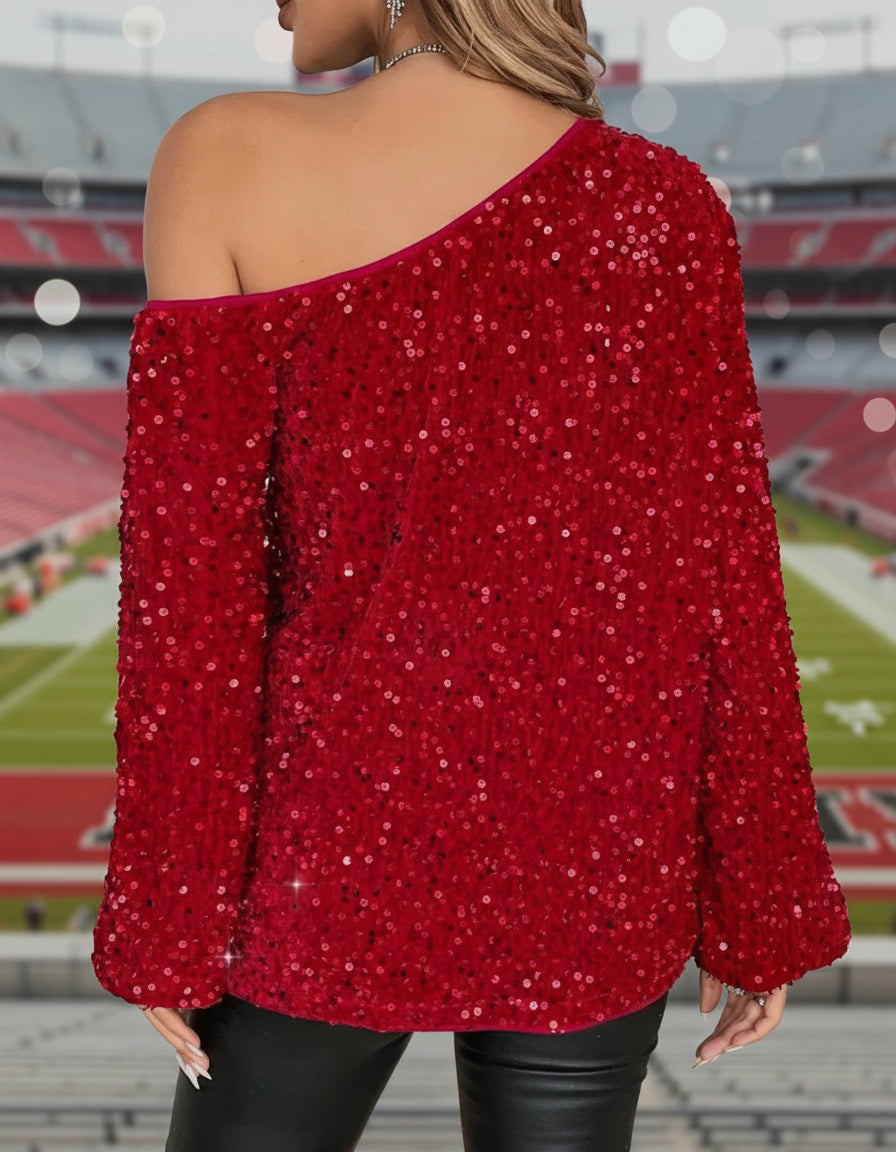 Texas Tech Pre-Order Collection Slanted Collar Off The Shoulder Sequin Blouse
