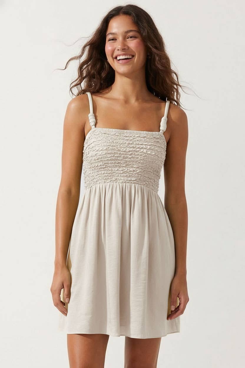 Cord Detail Smocking Mini Dress