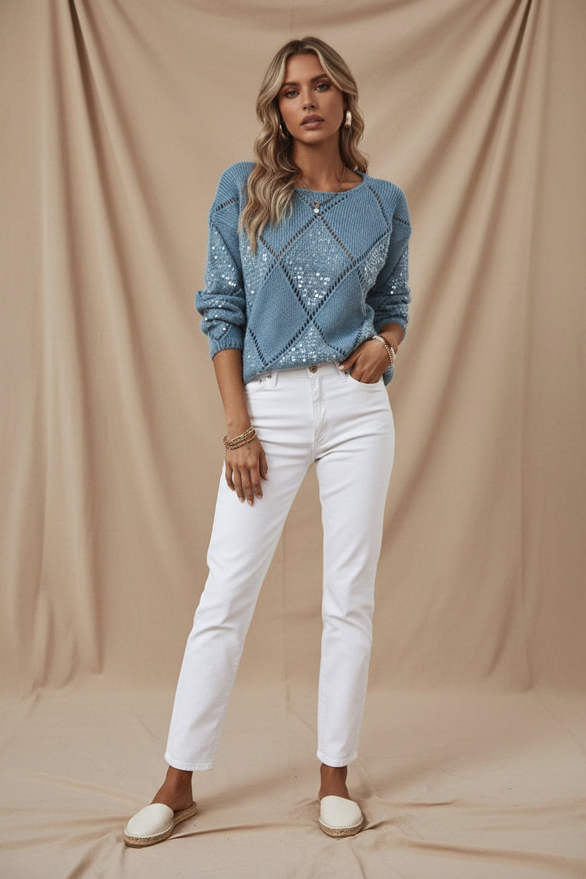 Hollow Rhombus Pattern Sequin Detailed Pullover Sweater