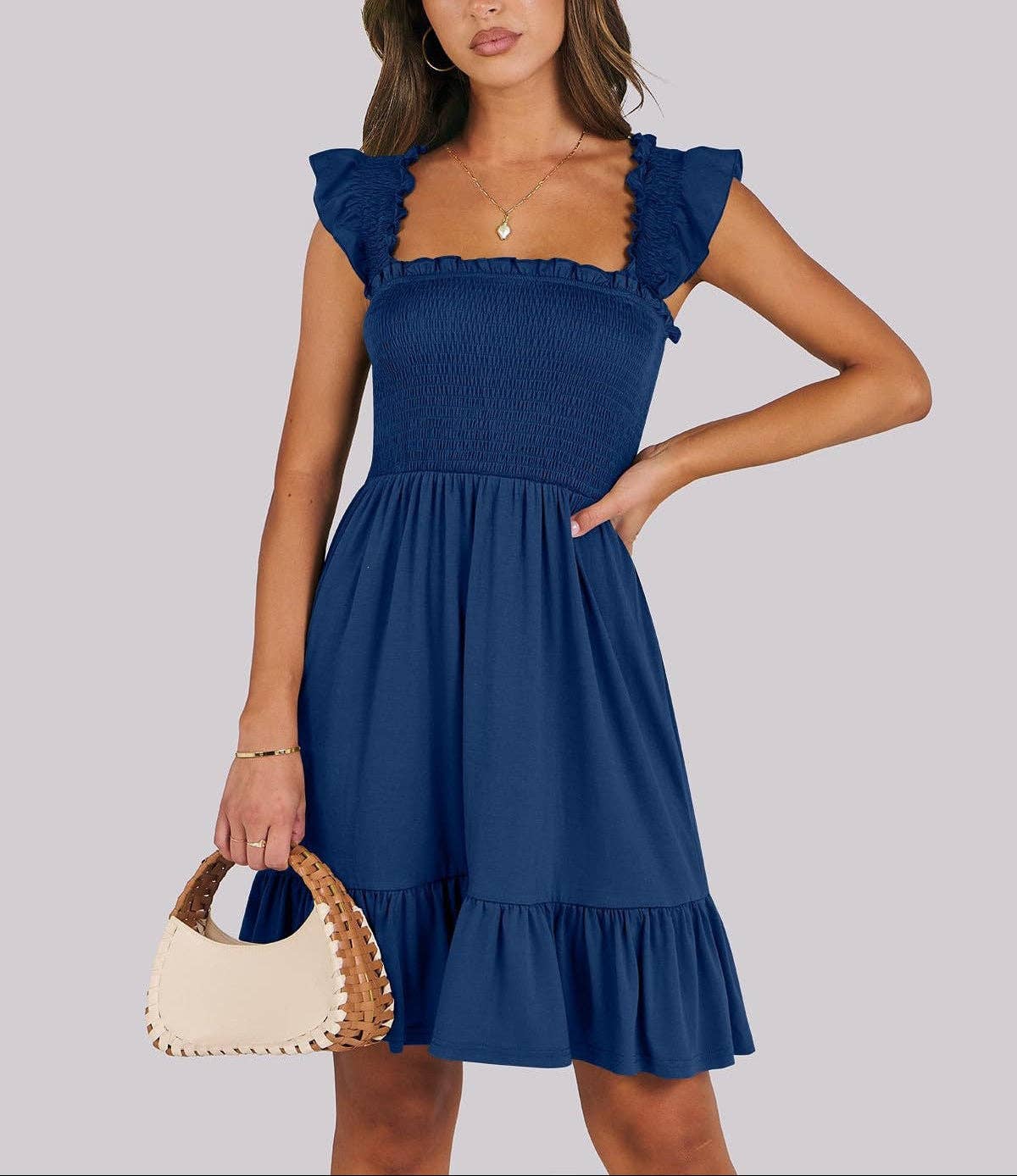 Smocked Square Neck Ruffle Sleeve Midi Dress