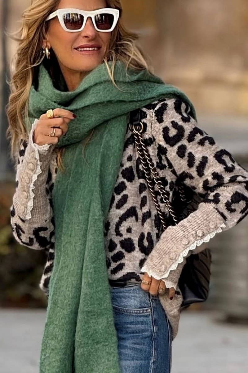 LEOPARD LACE TRIM CREWNECK BUTTON KNIT SWEATER