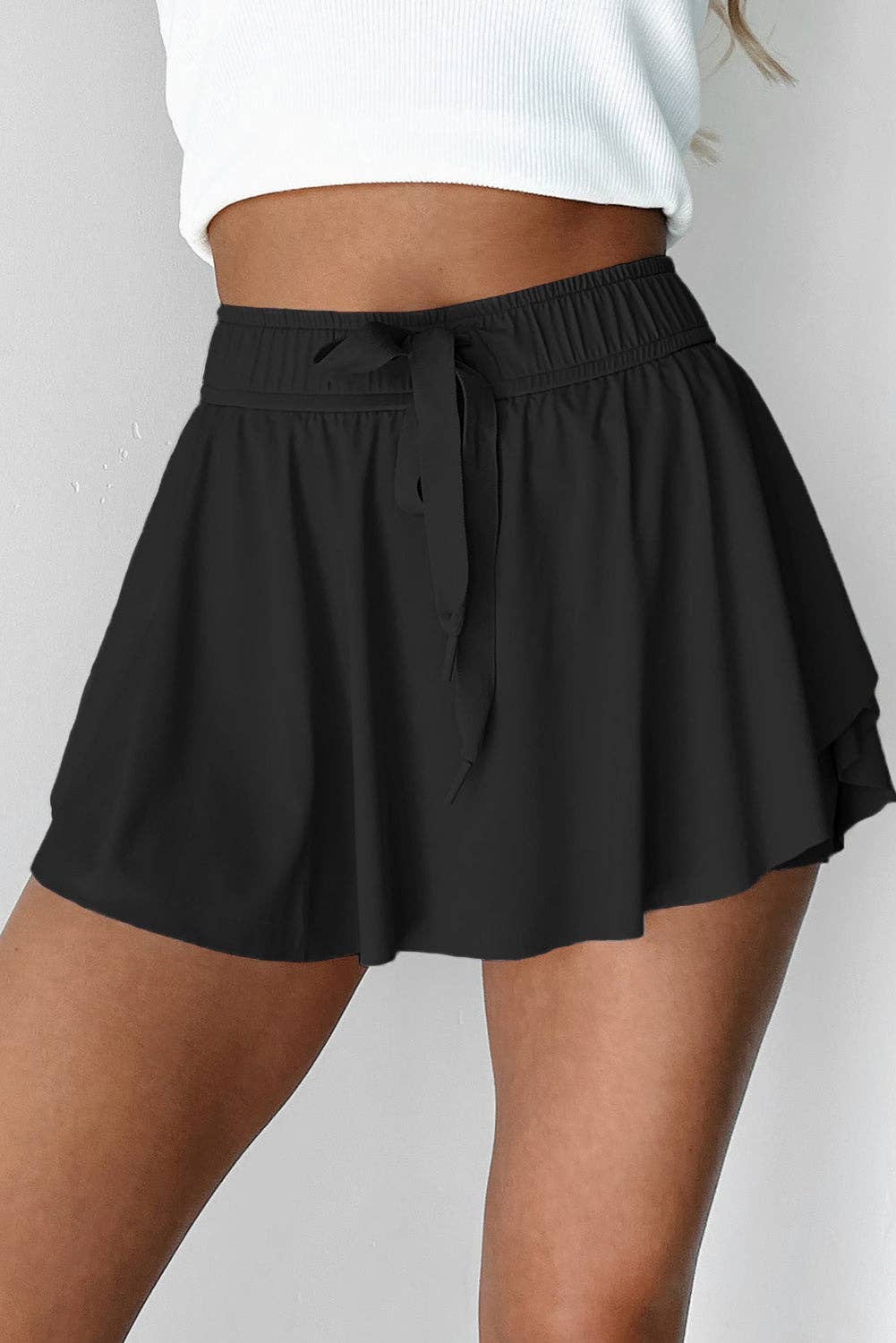 Black High Waist Drawstring Tennis Skort with Lining