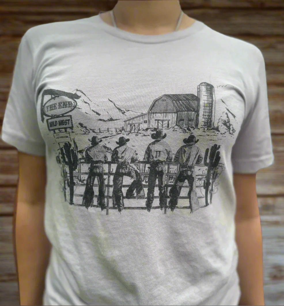 Cool Gray t-shirt with black graphic design of cowboys and a barn.