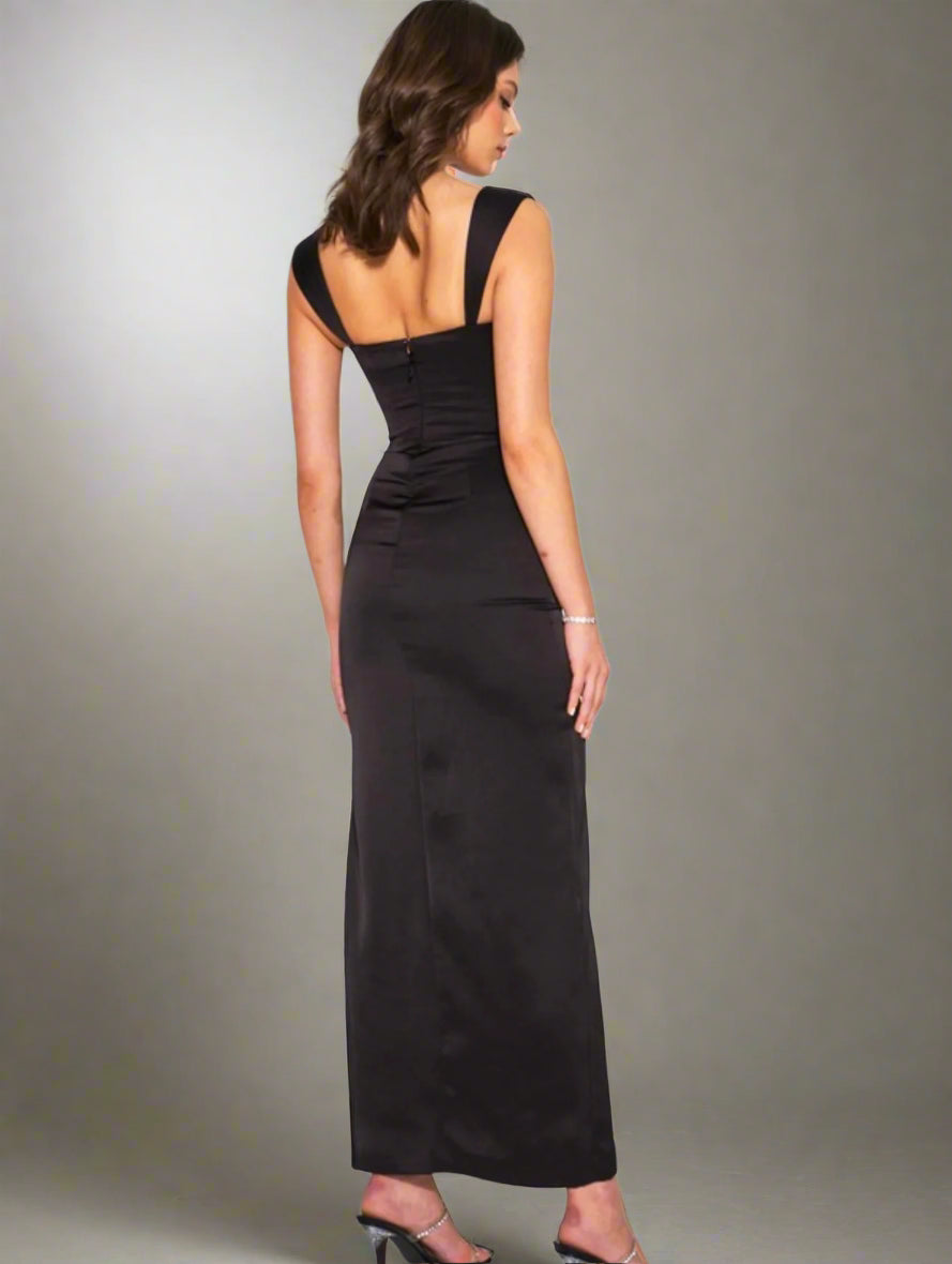 Freddie Black Lace Satin Maxi Corset Dress