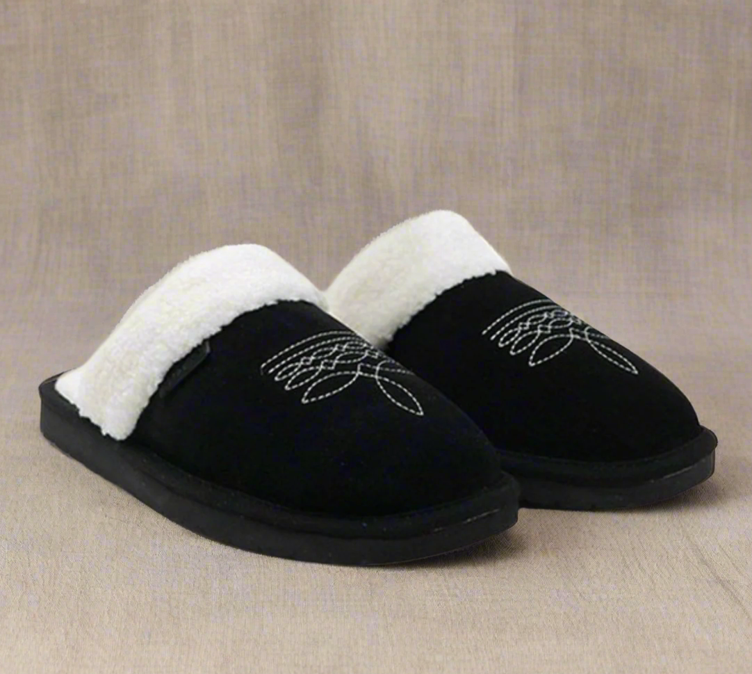 Black slippers with white fur lining.
