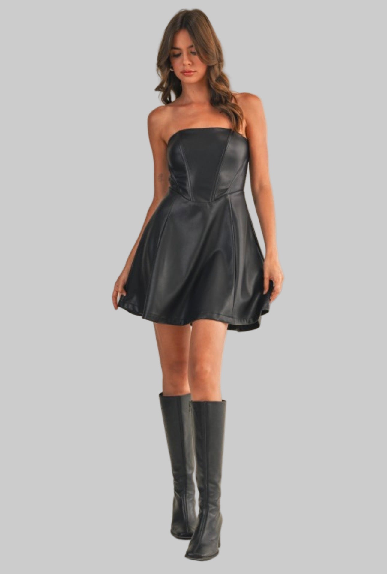 Leather Tube Top Flare Mini Dress