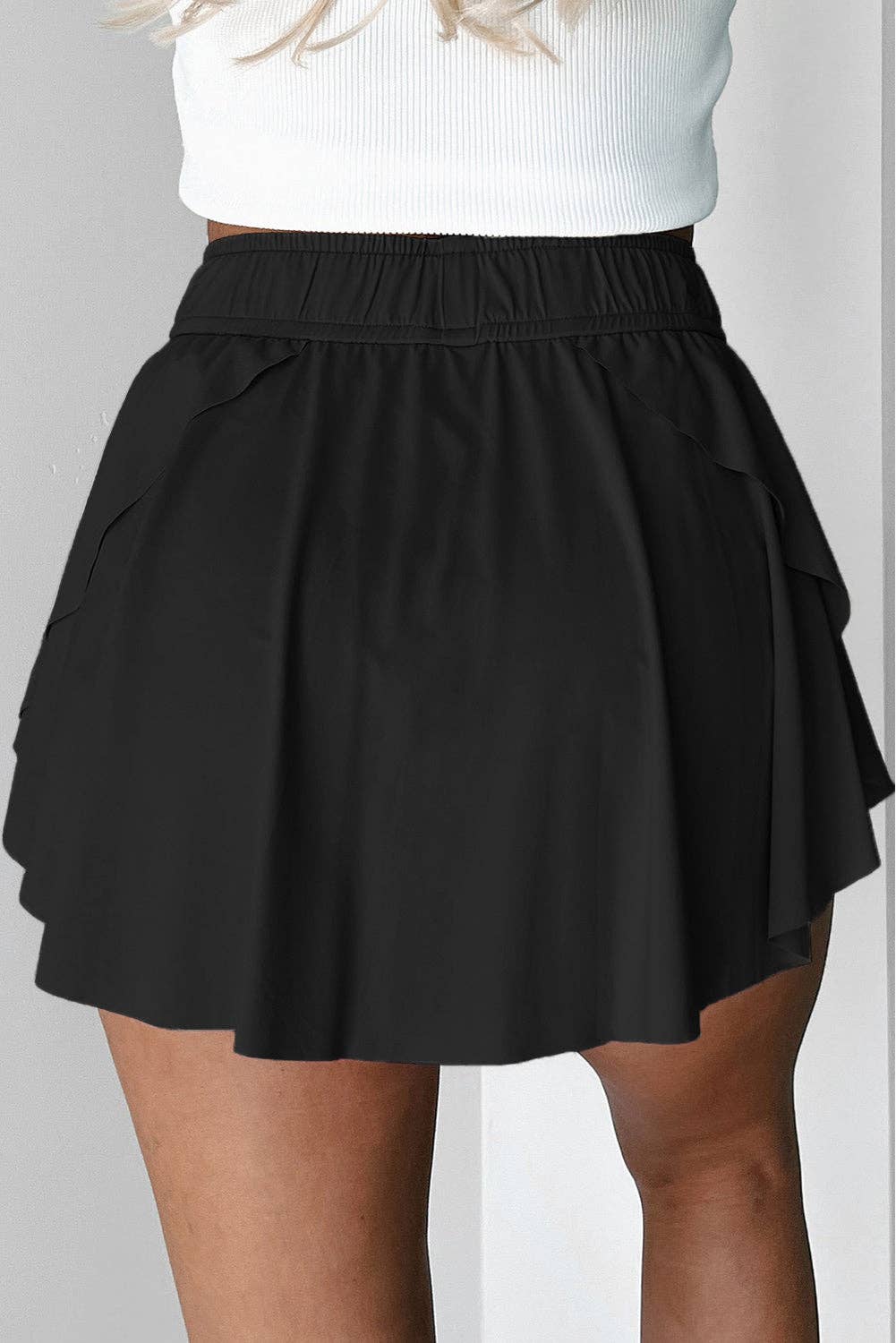 Black High Waist Drawstring Tennis Skort with Lining