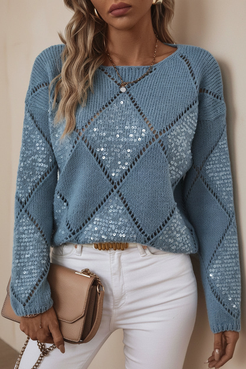 Hollow Rhombus Pattern Sequin Detailed Pullover Sweater