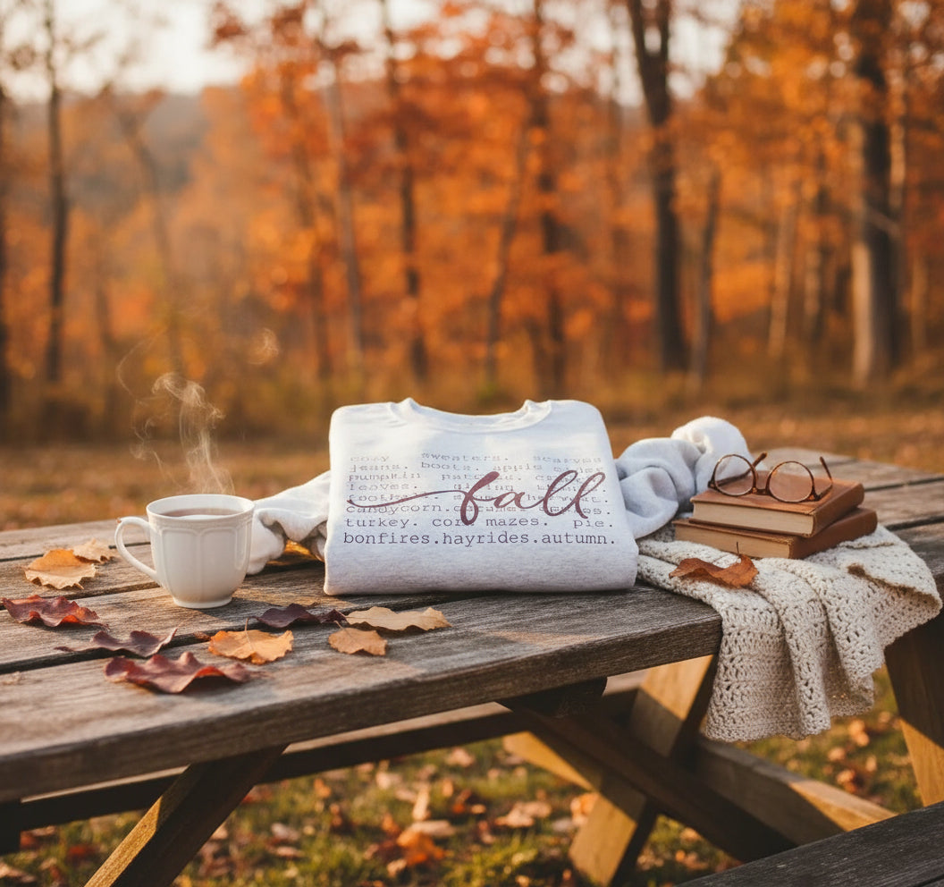 Sand color sweatshirt with 'fall' text 