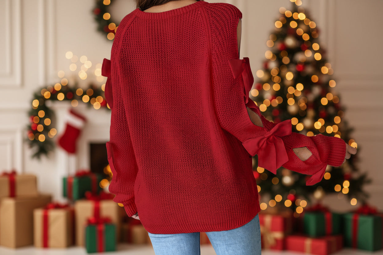 Knit Sweater with Cutout Bow Tie Sleeve Detailing