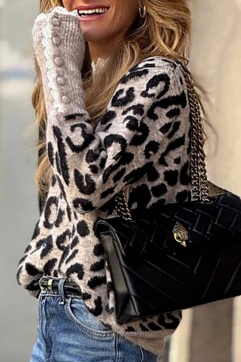 LEOPARD LACE TRIM CREWNECK BUTTON KNIT SWEATER