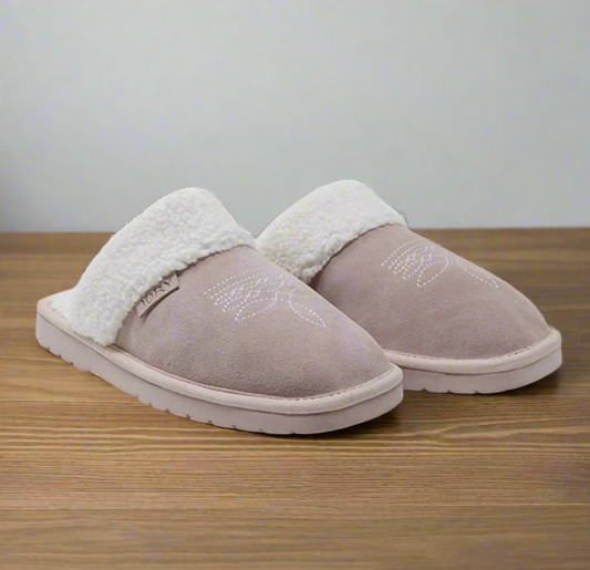 Pair of pink slippers with white lining