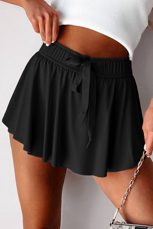 Black High Waist Drawstring Tennis Skort with Lining