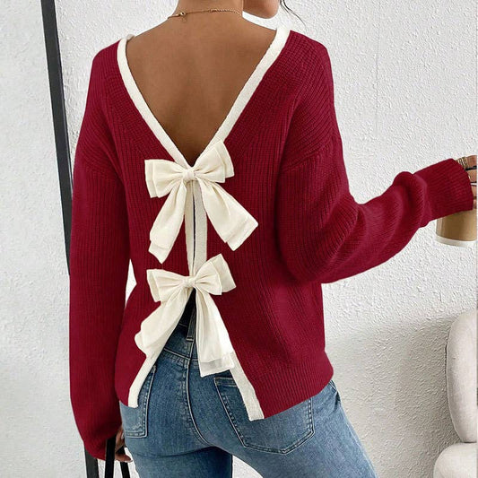 Christmas Bow Decor Backless Knit Pullover Sweater