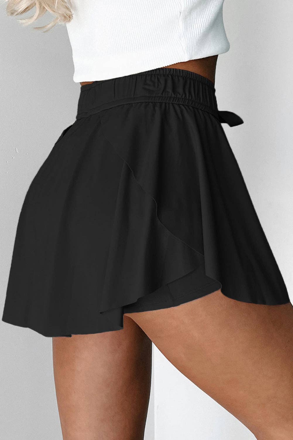 Black High Waist Drawstring Tennis Skort with Lining
