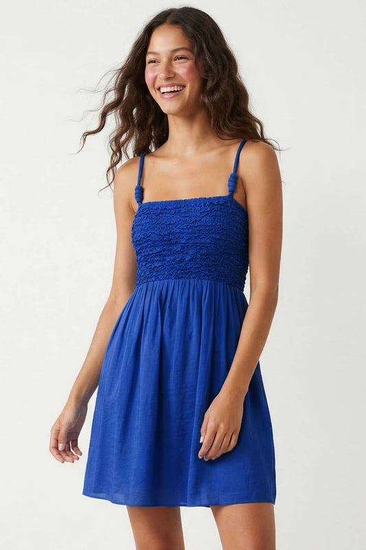 Cord Detail Smocking Mini Dress