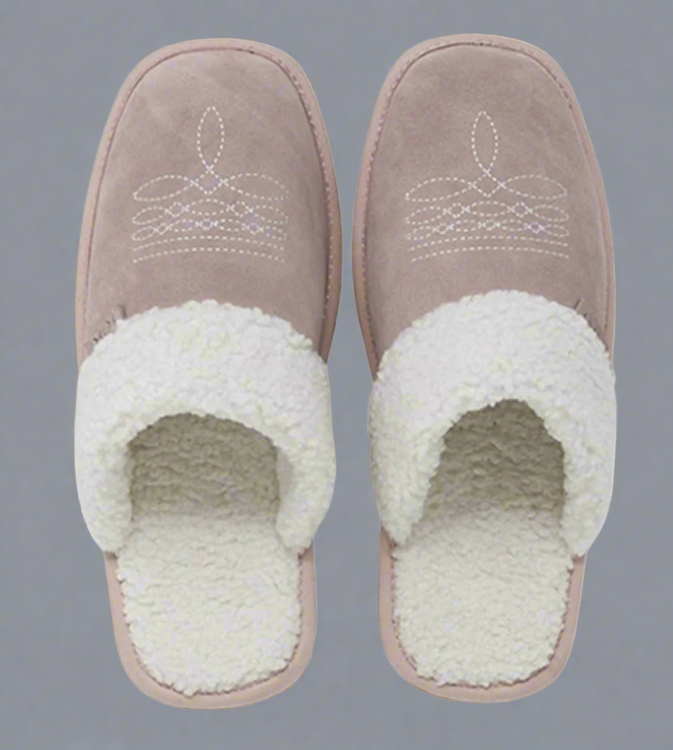 Pair of pink slippers with white fur lining.
