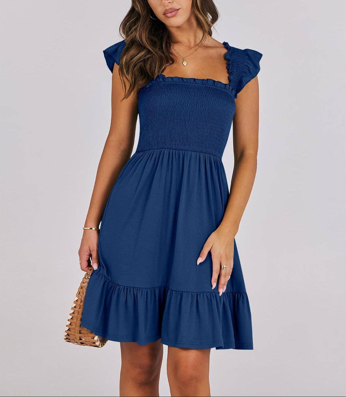 Smocked Square Neck Ruffle Sleeve Midi Dress