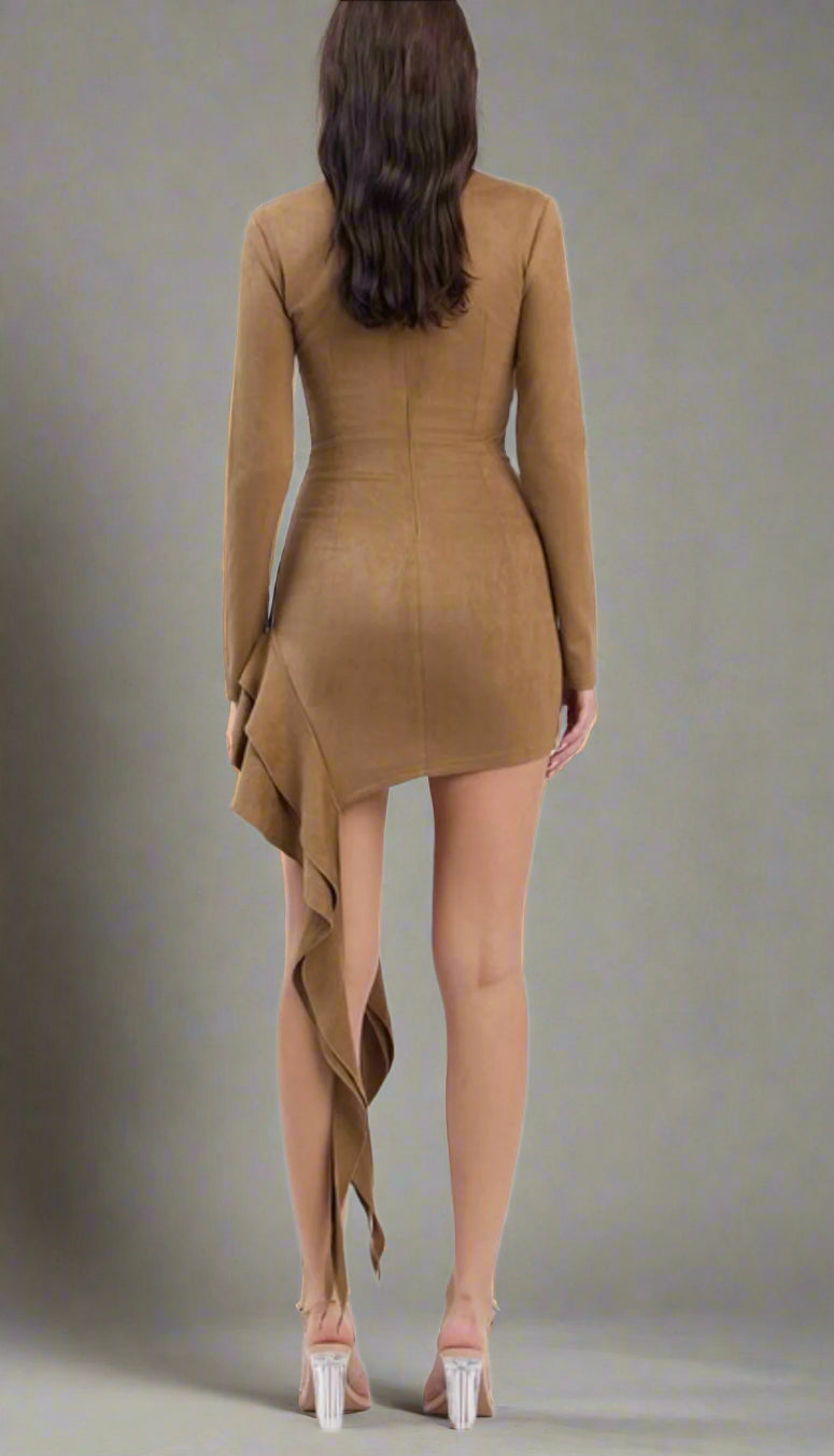 Suede Zipper Mini Dress W/ Ruffle Detail