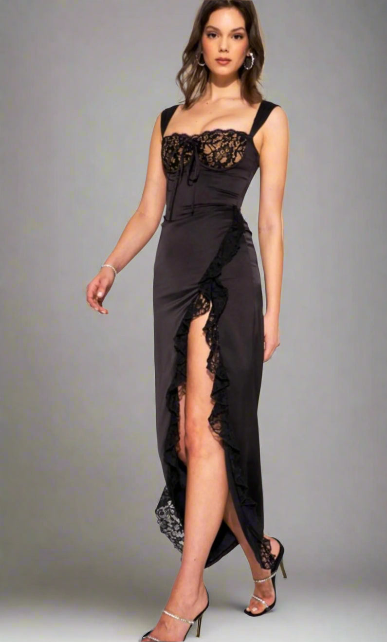 Freddie Black Lace Satin Maxi Corset Dress