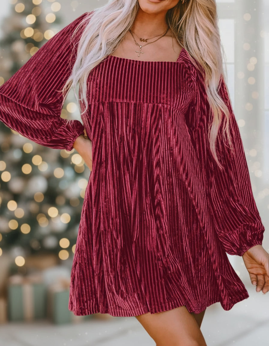 Tie Back Square Neck Velvet Babydoll Dress