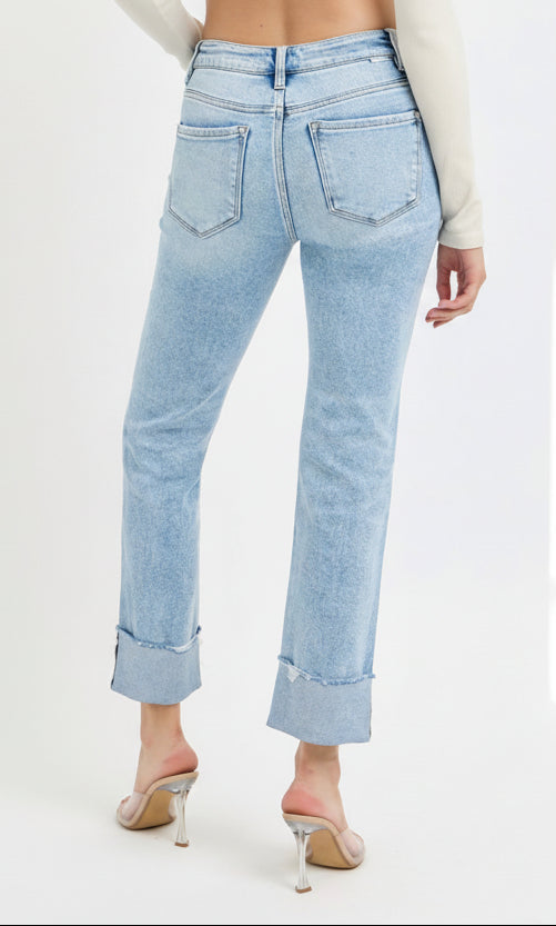 Tummy Control High Rise Crop Straight Cuffed Jeans