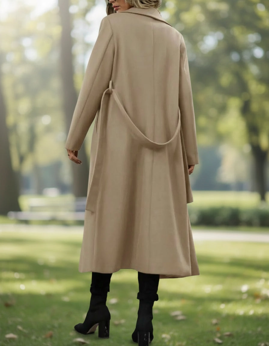 Lapel Tie Double-Breasted Long Coat