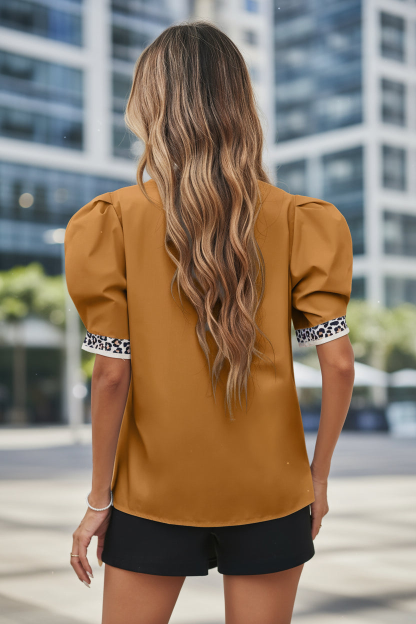 LDC Contrast Leopard Trim Split Neck Puff Sleeve Blouse