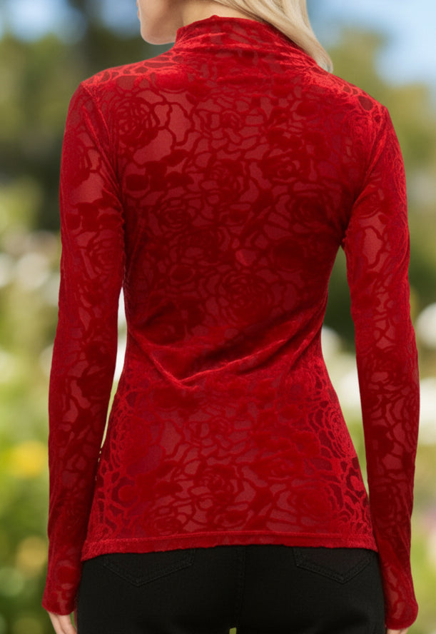 Velvet Floral Burn Out Slim Fit High Neckline Top