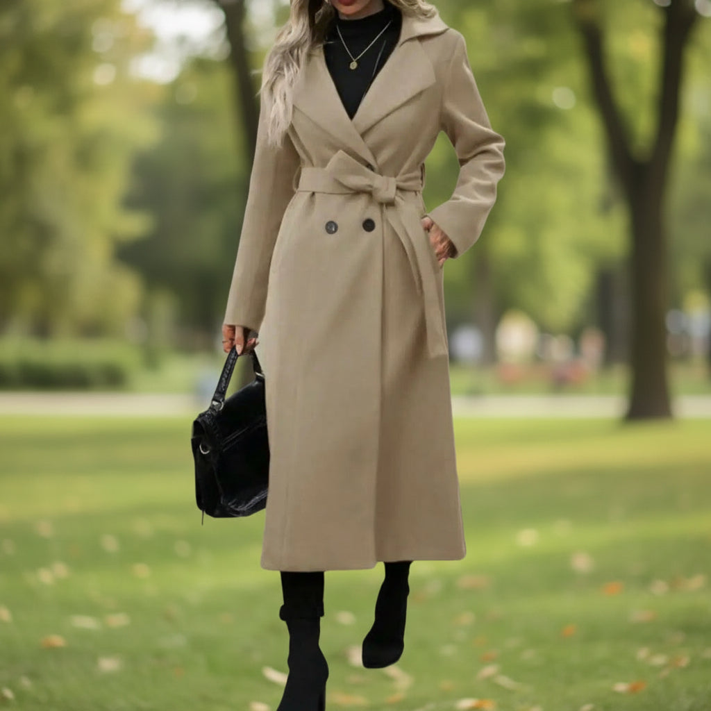 Lapel Tie Double-Breasted Long Coat