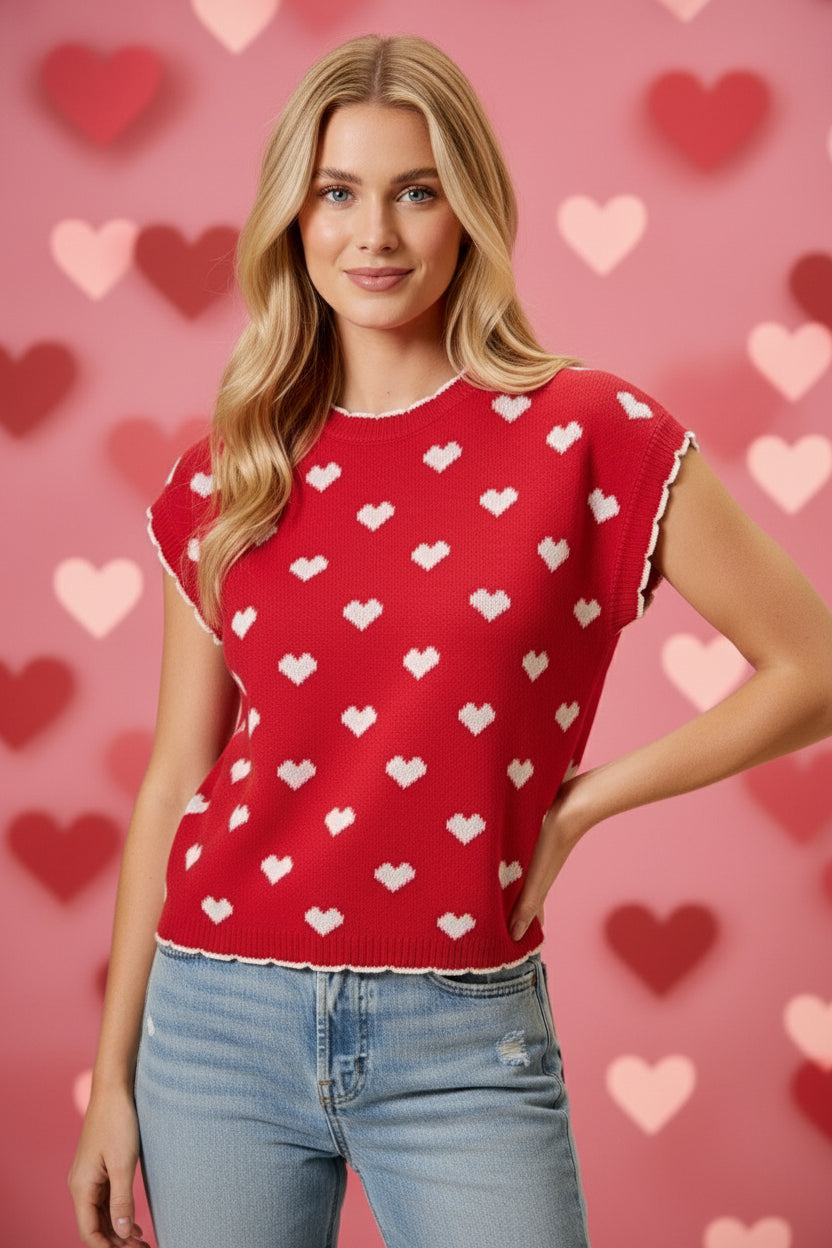 All Over Heart Patterned Valentine Sweater Top