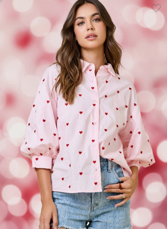Valentines Heart Embroidered Button Down Shirt