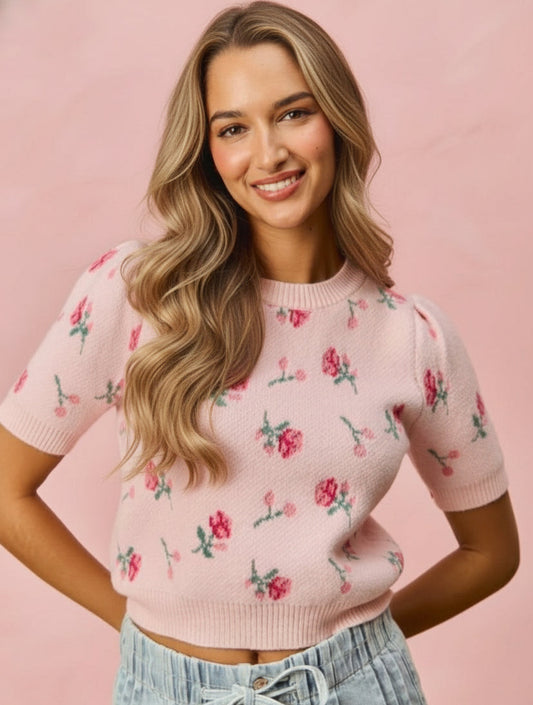 Floral Pattern Knit Puff Sleeves Sweater Top