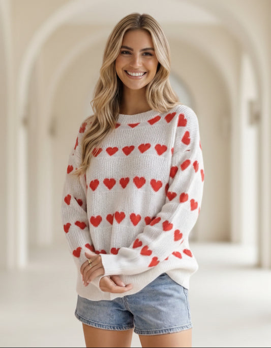 Long Sleeve Heart Stripe Pullover Sweater