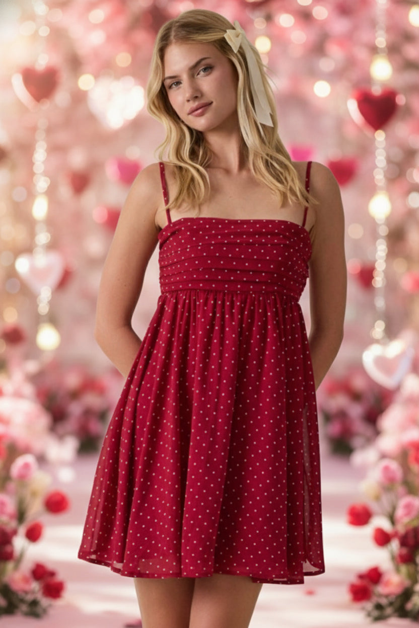 Red Polka Dot Open Back Tie Sheer Mini Dress