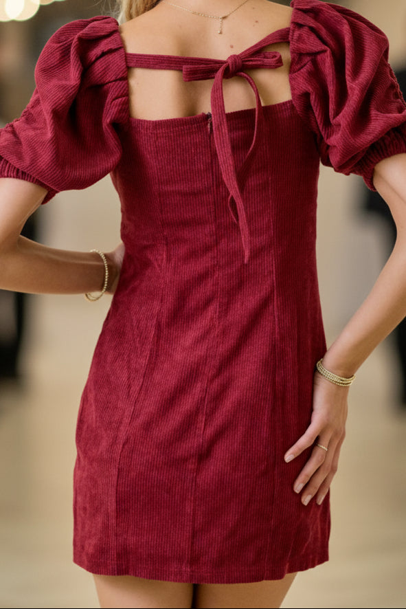 Pre- Order Collections- Corduroy Square Neck Puff Sleeve Mini Dress