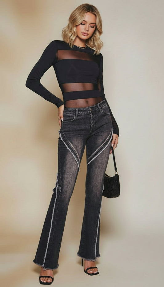 Fray Detail Dark Wash Flaired Denim Pants