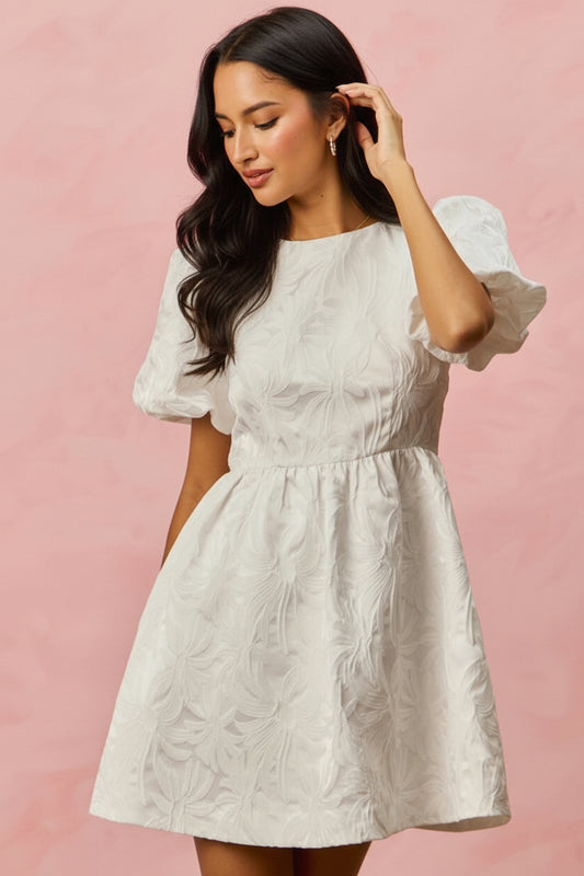 Floral Jacquard Bubble Short Sleeves Mini Dress