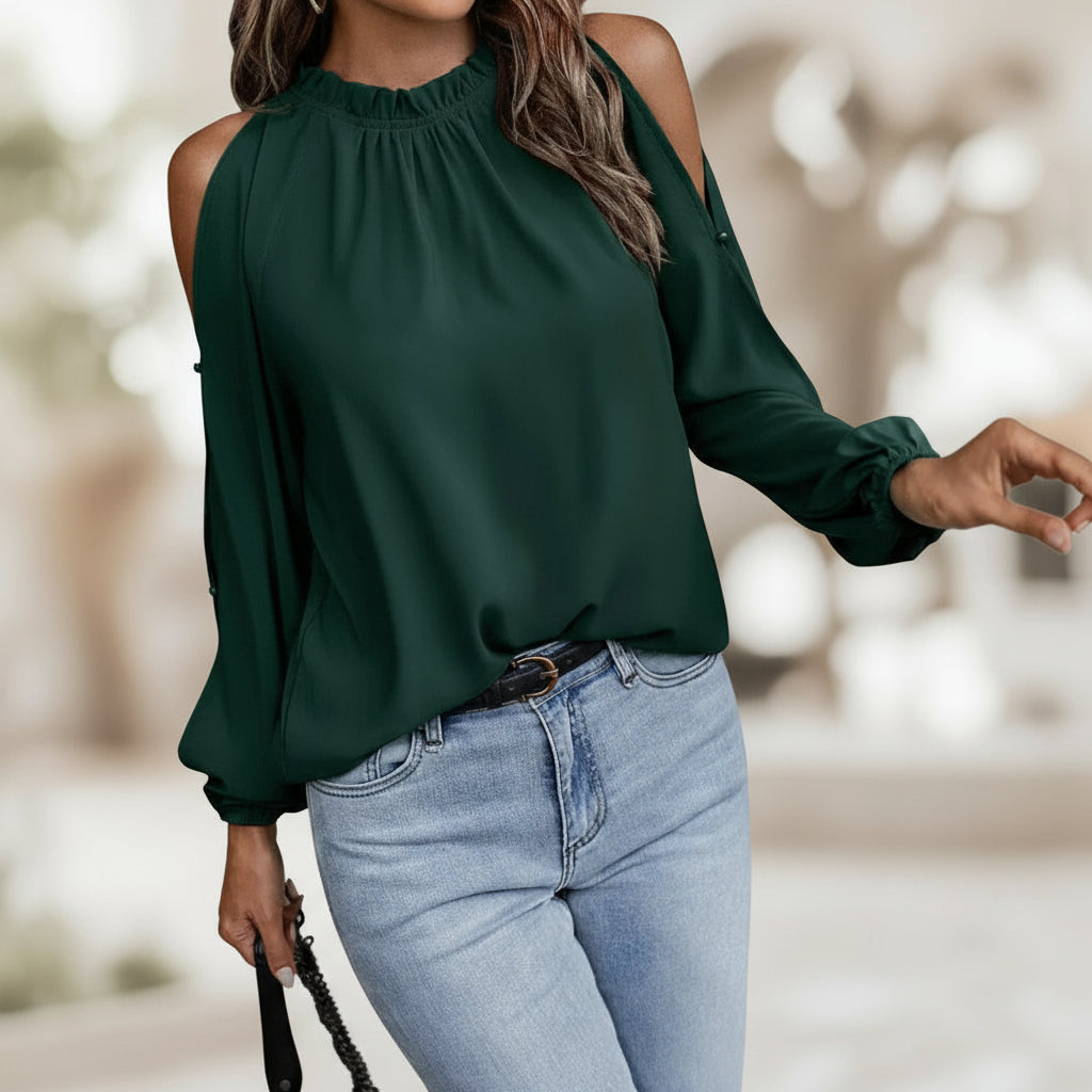 Ruffled High Neck Off-Shoulder Blouse