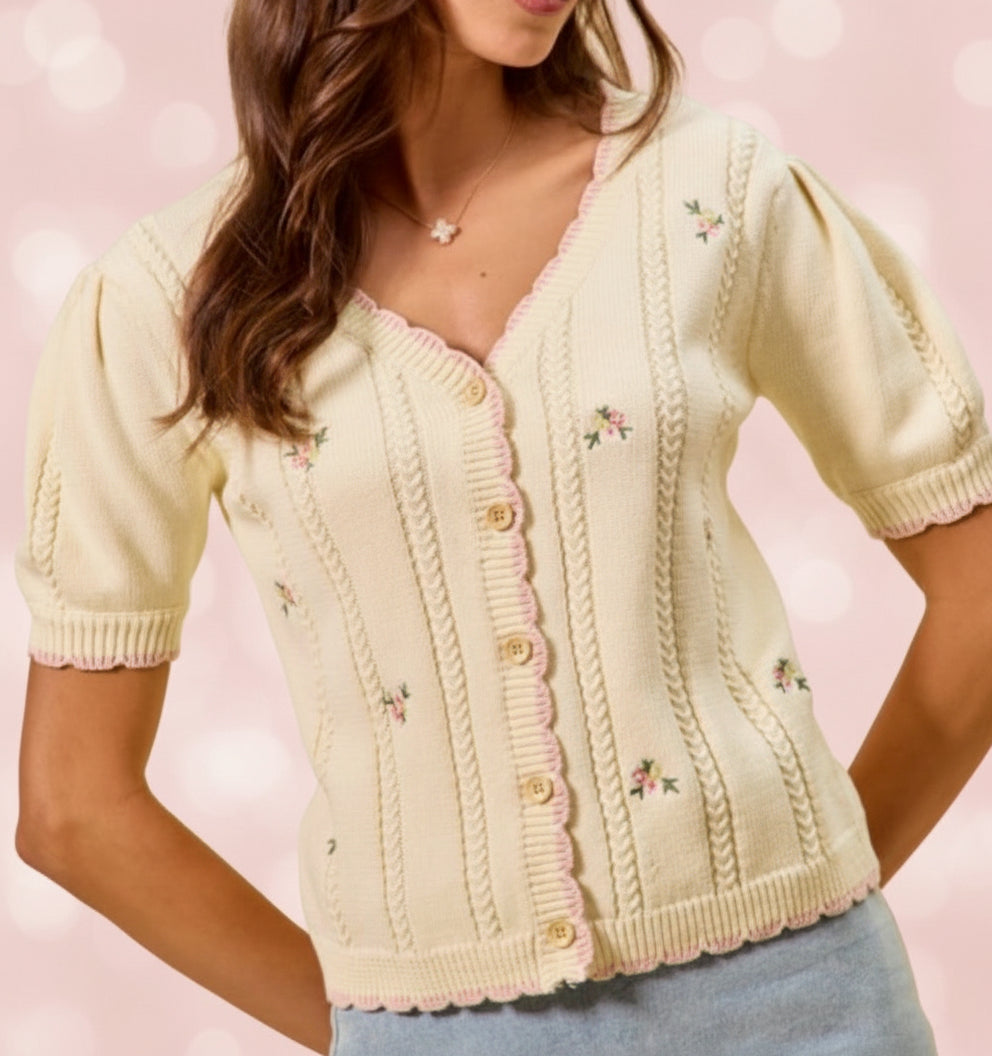 Floral Embroidery Edge Scallop Sweater Cardigan
