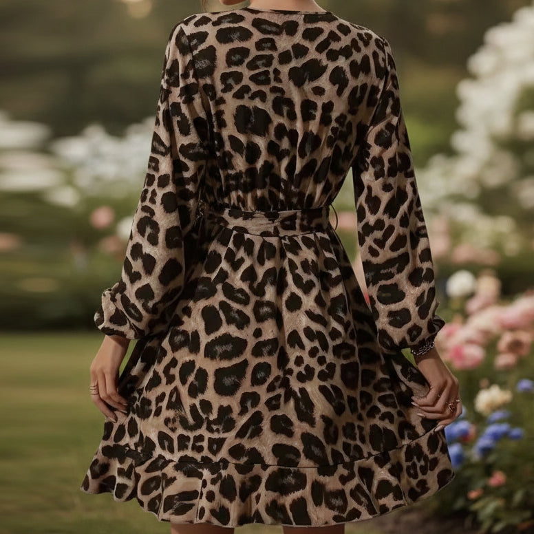 Leopard Print V-Neck High-Waist Asymmetrical Woman's Dress