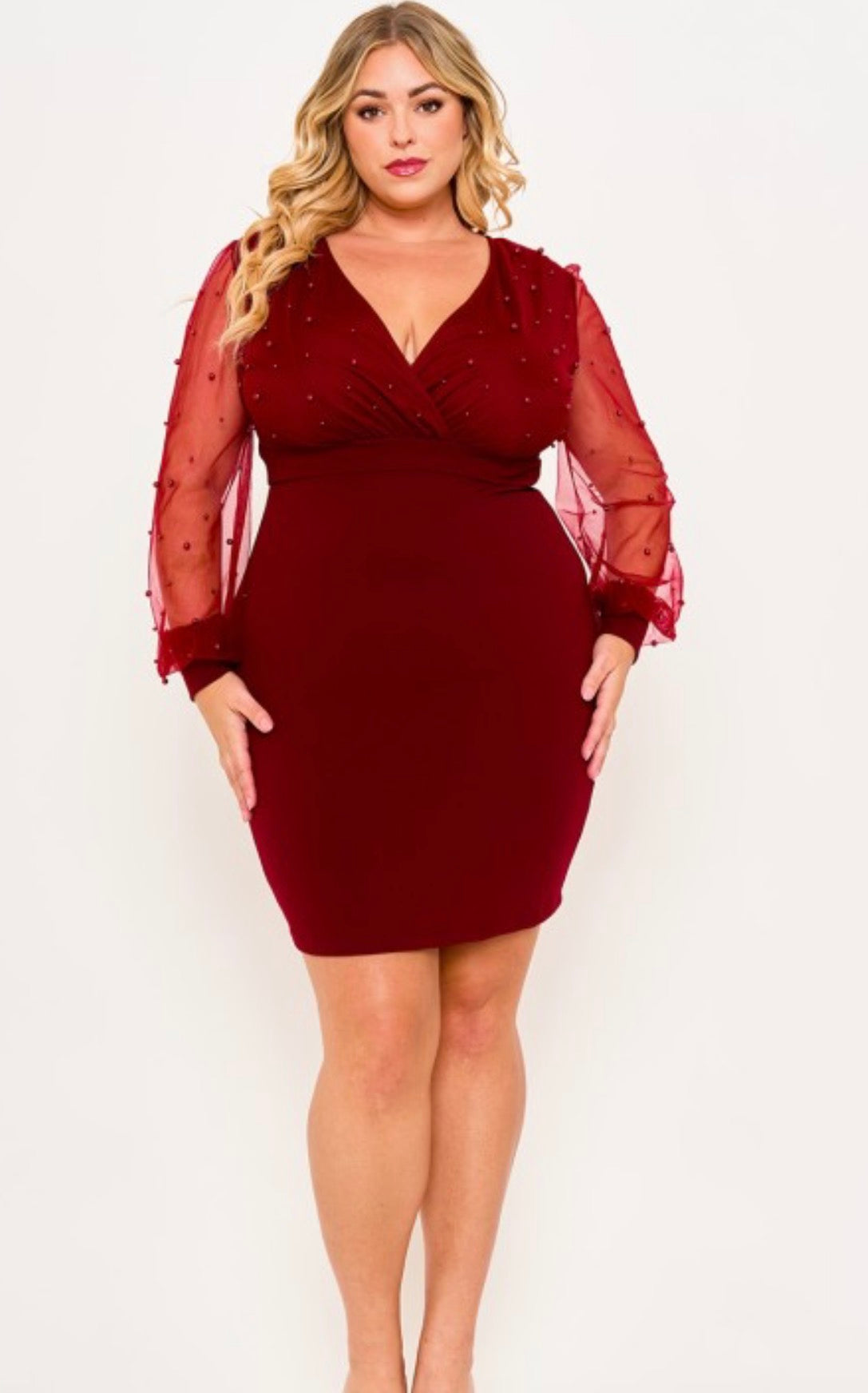 Pearl Beaded On Mesh Plus Size Mini Dress
