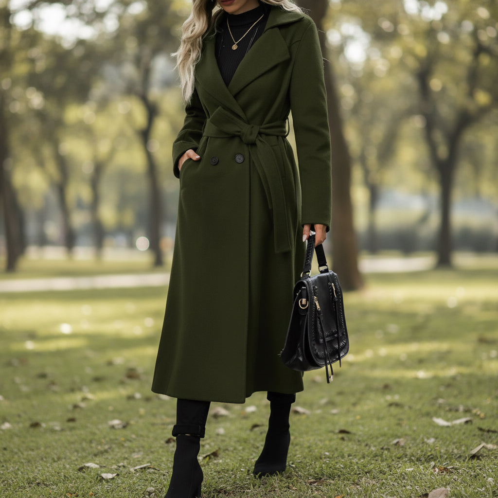 Lapel Tie Double-Breasted Long Coat