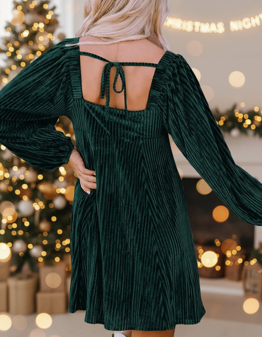 Tie Back Square Neck Velvet Babydoll Dress