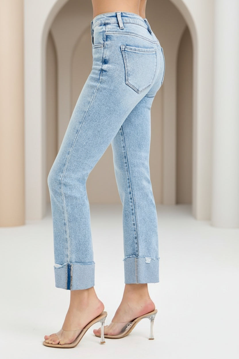 Tummy Control High Rise Crop Straight Cuffed Jeans