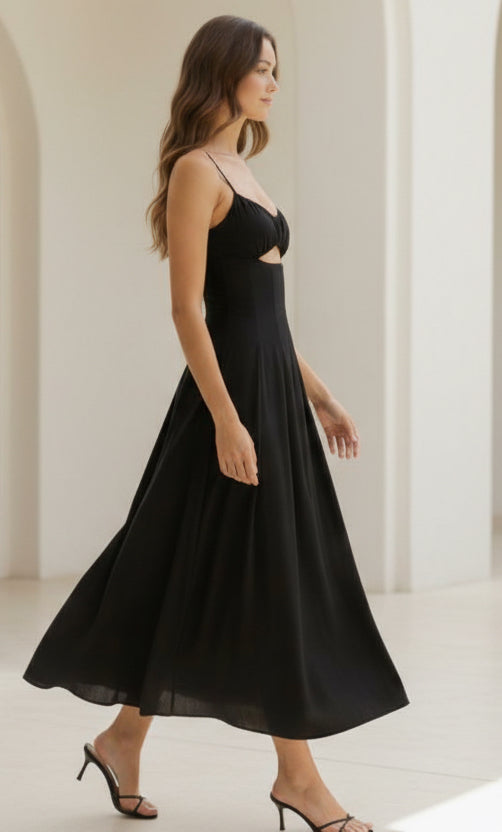 Rushed Sweetheart Neck Top Pleated Flare Midi Dress