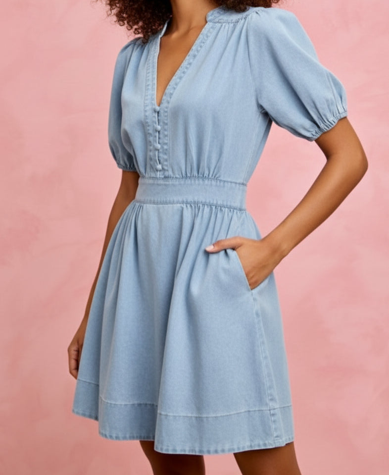 Button Short Sleeves Fit Flare Denim Mini Dress