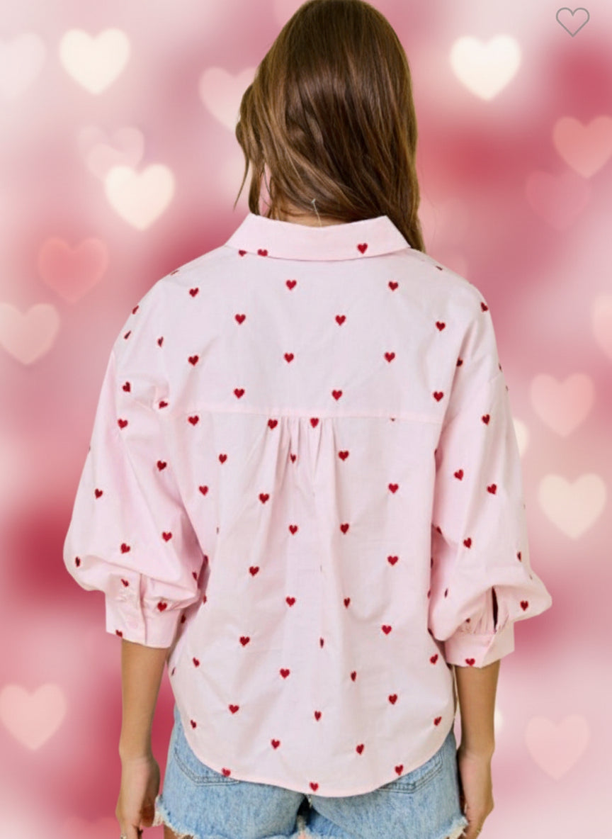 Valentines Heart Embroidered Button Down Shirt