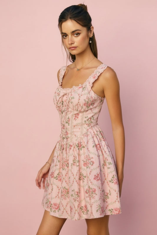 Cottage Charm Lace Trim Bustier Mini Dress